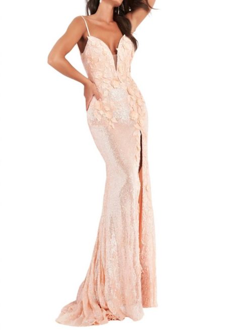 Floral Appliques Backless Dress In Rose Gold