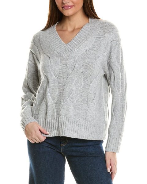 Hannah Rose Wide Cable V-Neck Wool & Cashmere-Blend Sweater 7823811182652