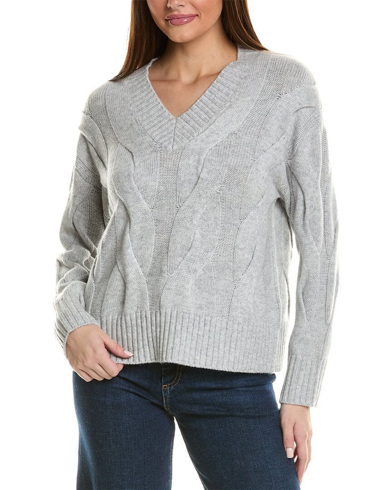 Hannah Rose Wide Cable V-Neck Wool & Cashmere-Blend Sweater 7823811182652