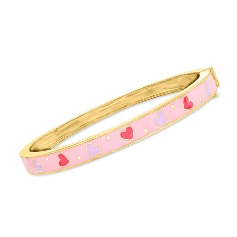 Ross-Simons Pink and Purple Enamel Heart Bangle Bracelet in 18kt Gold Over Sterling