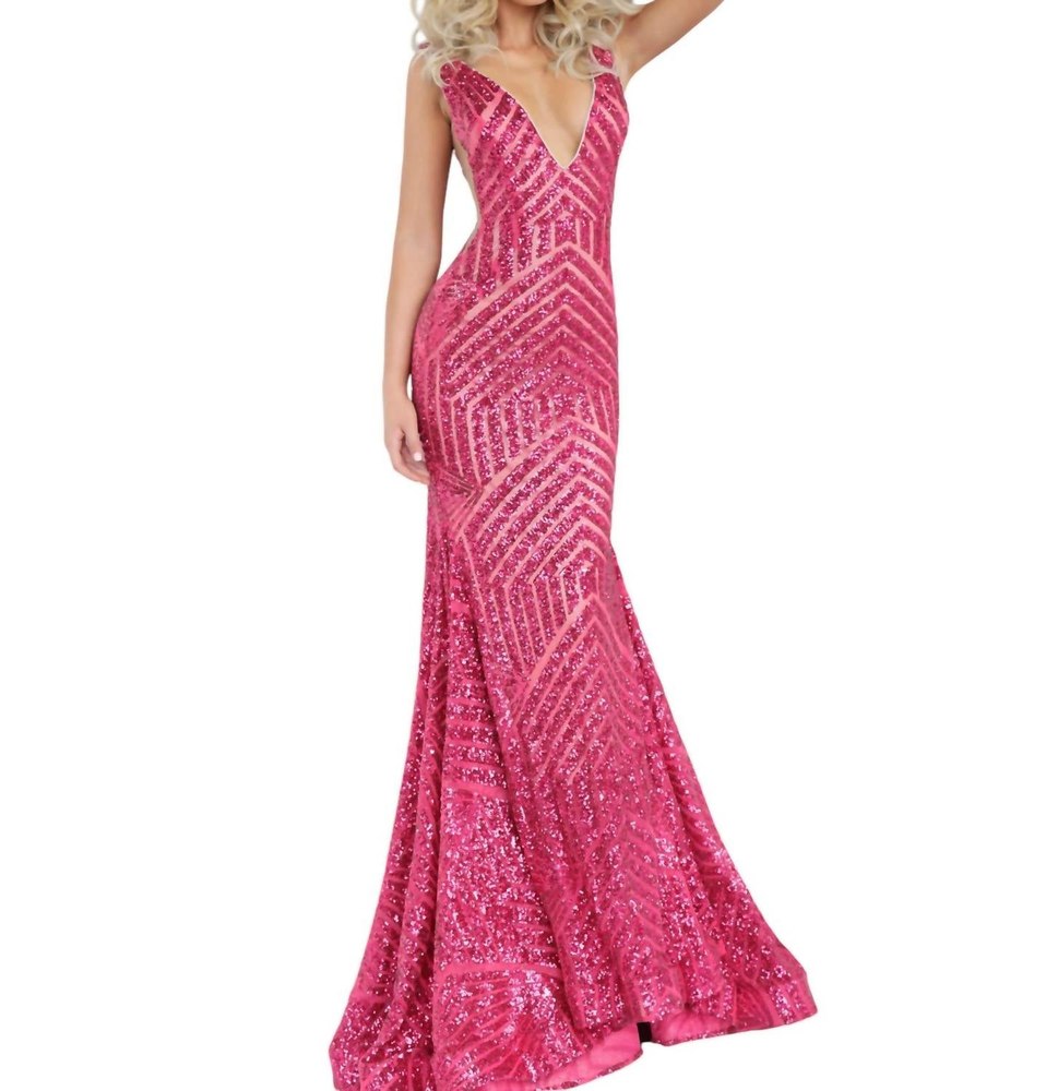 Sequin Embellished V-Neck Dress In Fushia