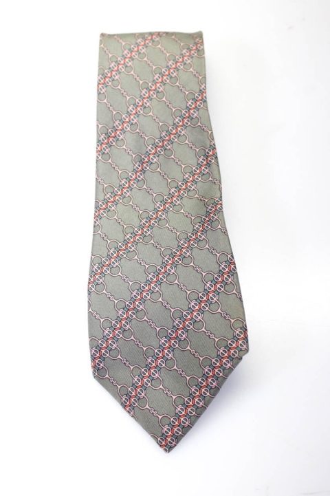 Hermes Mens Classic Width Striped Bit Printed Silk Tie Gray White