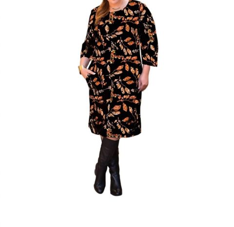 Lallie 3/4 Sleeve Dress With Pockets – Plus Size In Black Dry Leaves
