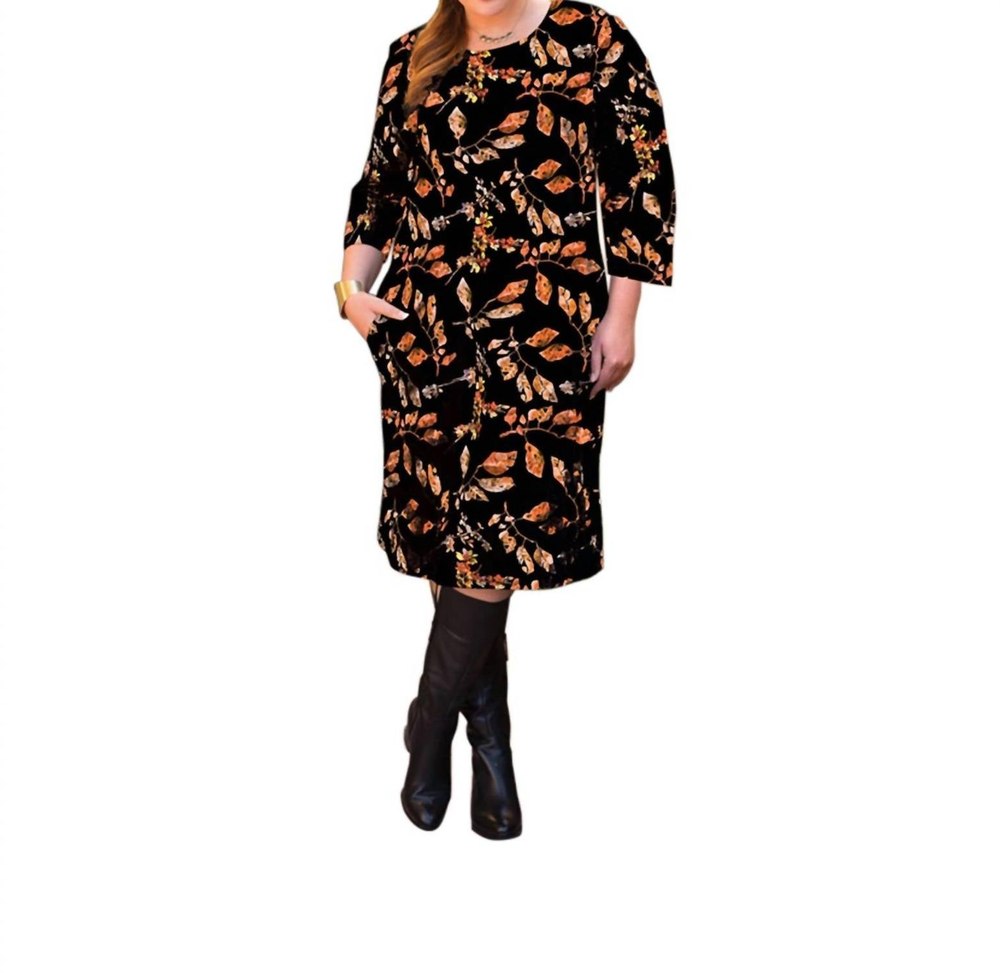 Lallie 3/4 Sleeve Dress With Pockets – Plus Size In Black Dry Leaves