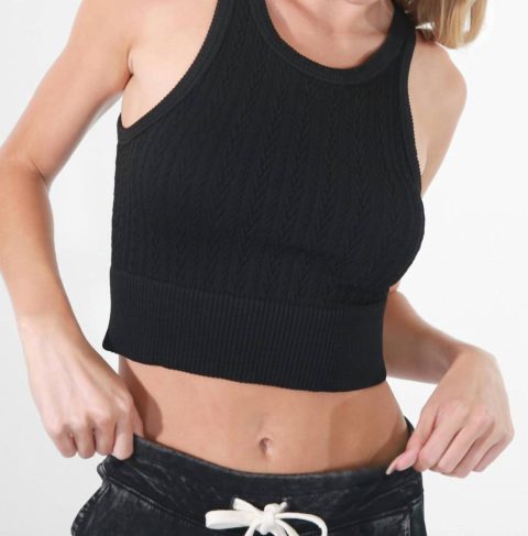 Cable Knit High Neck Crop Top In Black