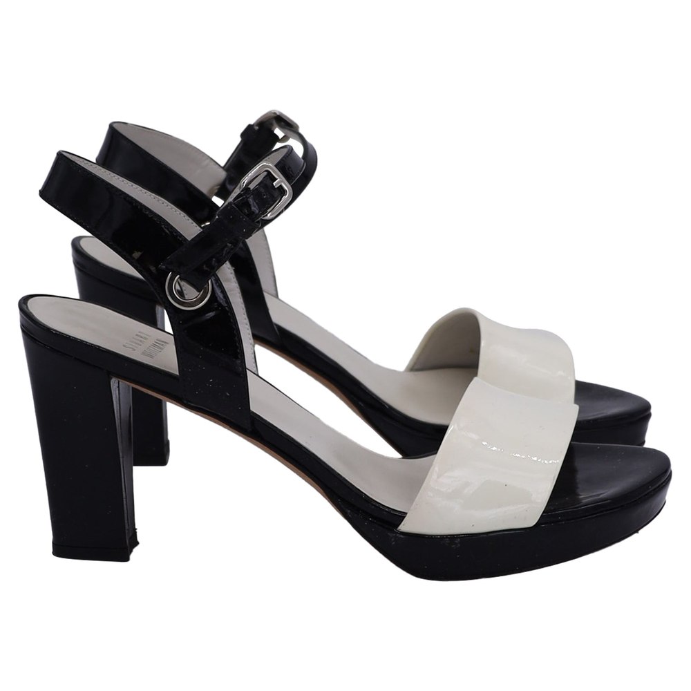 Stuart Weitzman Ankle Strap Bi-Color Sandals in Black and White Leather 7748770627644