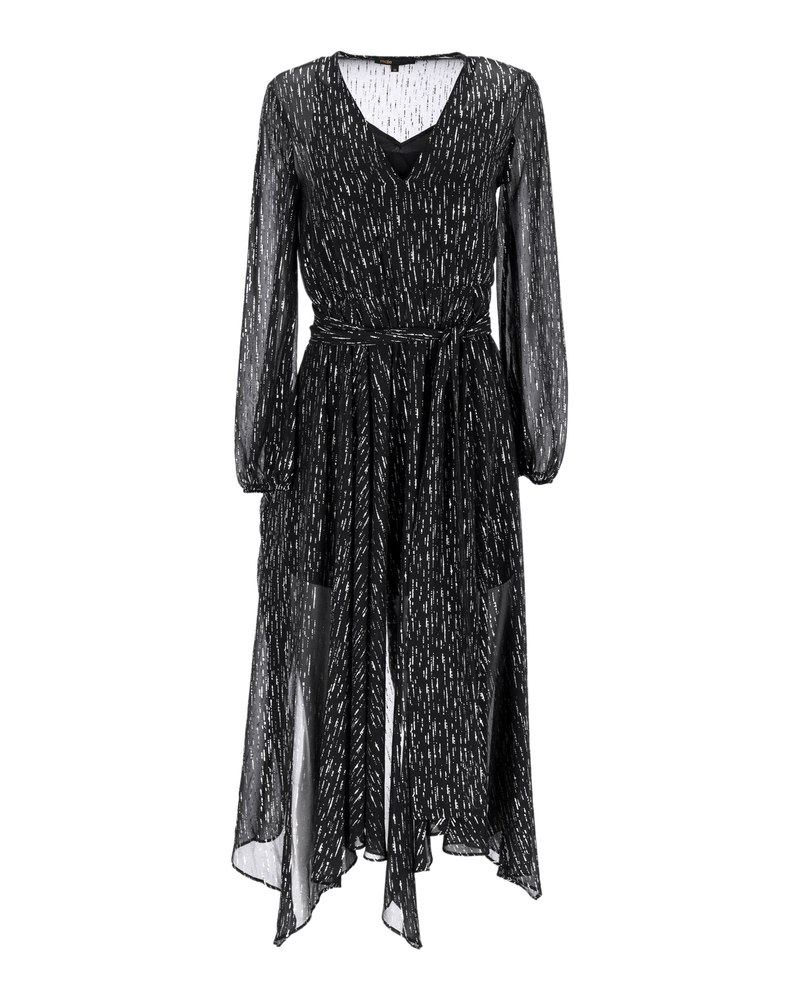Maje Route Gathered Metallic Georgette Midi Dress In Black Polyester 7748776951868