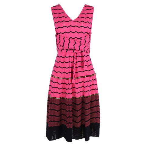 M Missoni Knit Tie Front Detail Sleeveless Midi Dress in Pink Zigzag Cotton 7748777607228