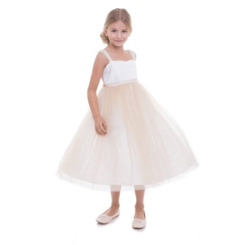 Big Girls Champagne Pearl Shoulder Mesh Junior Bridesmaid Dress 8-12