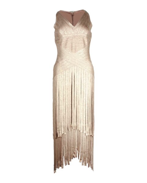 Herve Leger Tiered Fringed Metallic Midi Dress in Gold Rayon 7748776230972