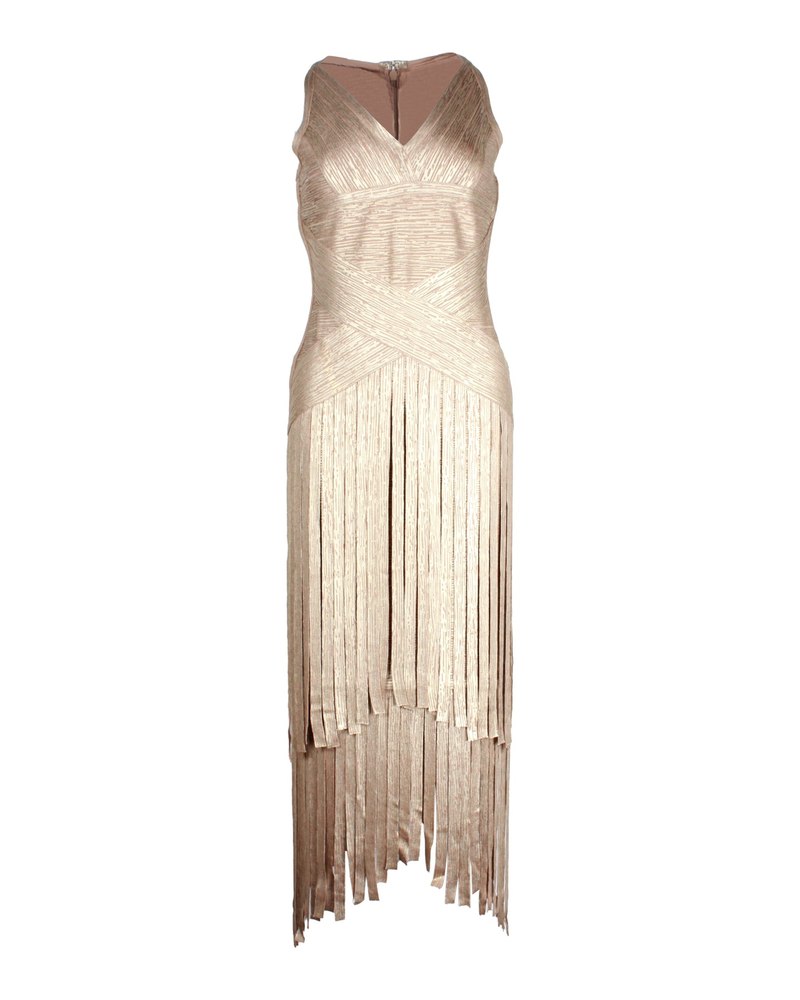 Herve Leger Tiered Fringed Metallic Midi Dress in Gold Rayon 7748776230972