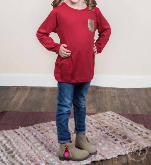 Girl’s Sequin Patch Style Long Sleeve Top In Red