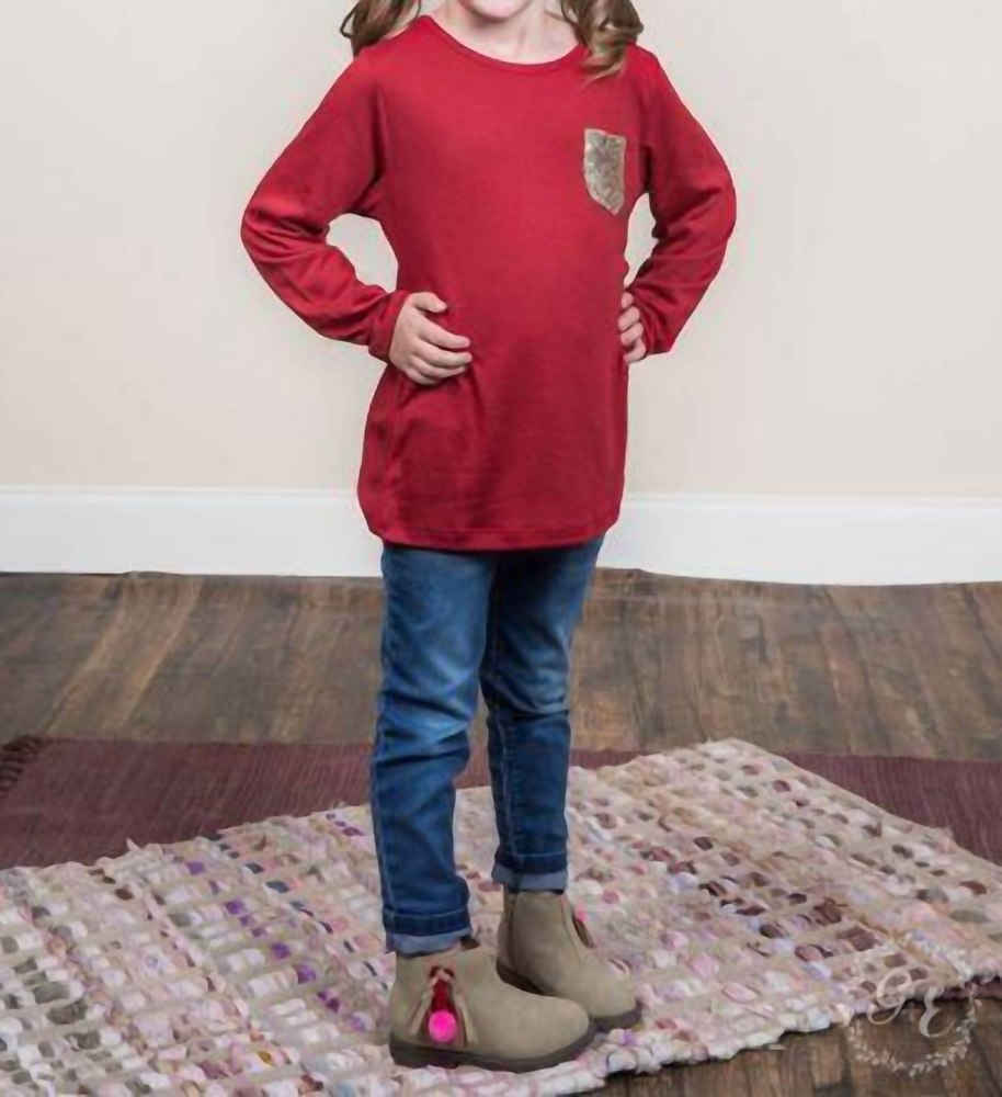 Girl’s Sequin Patch Style Long Sleeve Top In Red