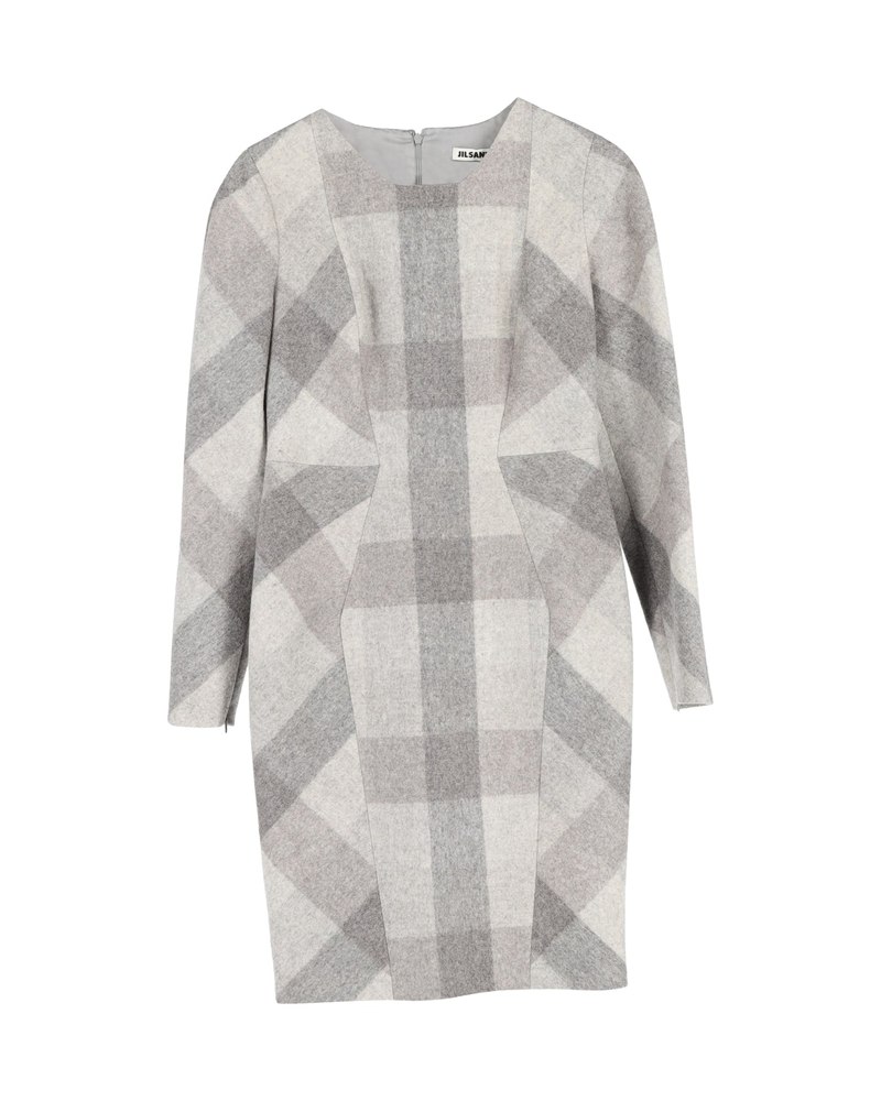 Jil Sander Printed Long Sleeve Dress in Grey Wool 7748779868220