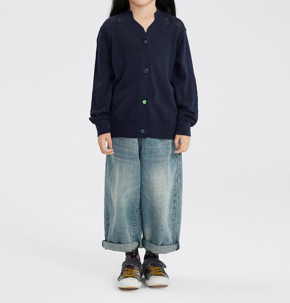 Kids Lace Insert Cardigan In Navy