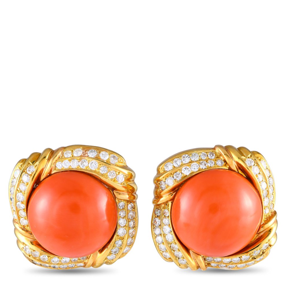 LB Exclusive 18K Yellow Gold 2.50ct Diamond and Coral Clip-On Earrings MF11-080824 7748793368636