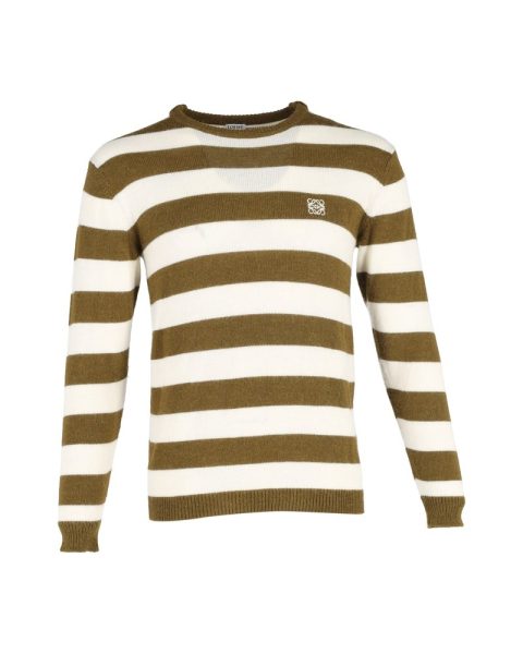 Loewe Logo-Embroidered Striped Sweater in Khaki Wool 7748803592252