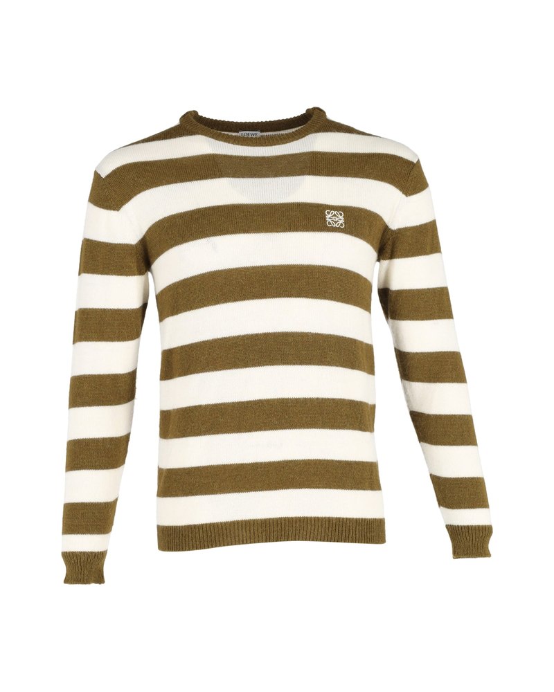 Loewe Logo-Embroidered Striped Sweater in Khaki Wool 7748803592252