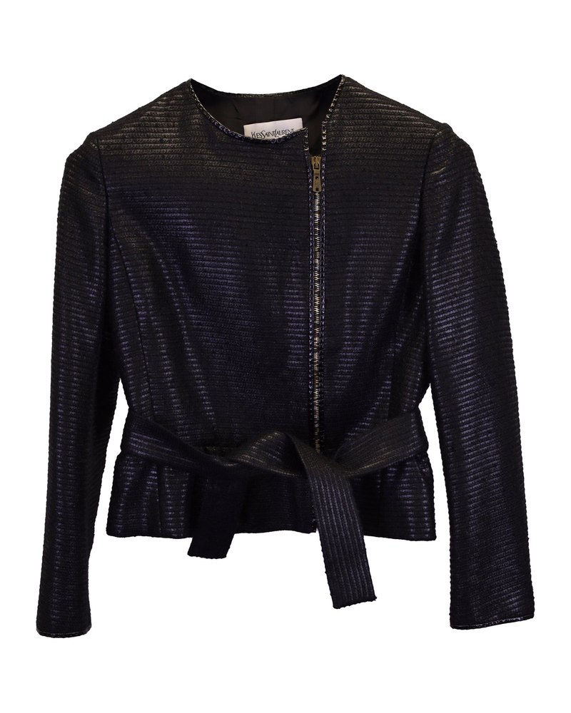 Saint Laurent Zipped Belted Cropped Jacket in Black Wool 7748801396796