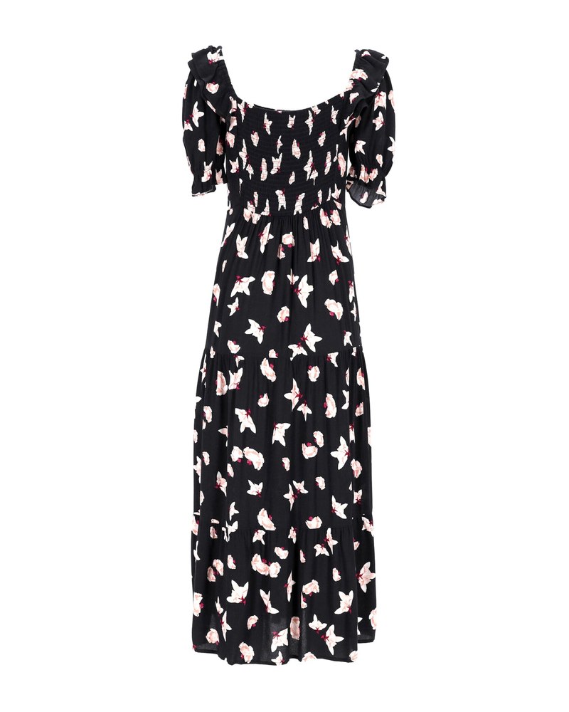 Ba&Sh Printed Puff Sleeve Midi Dress in Black Viscose 7748807589948