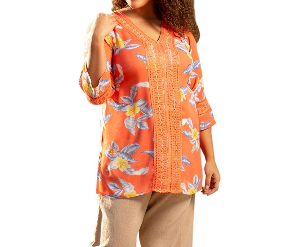 Print Tatum Bracelet Sleeve V-Neck Tunic – Plus Size In Island Sunrise