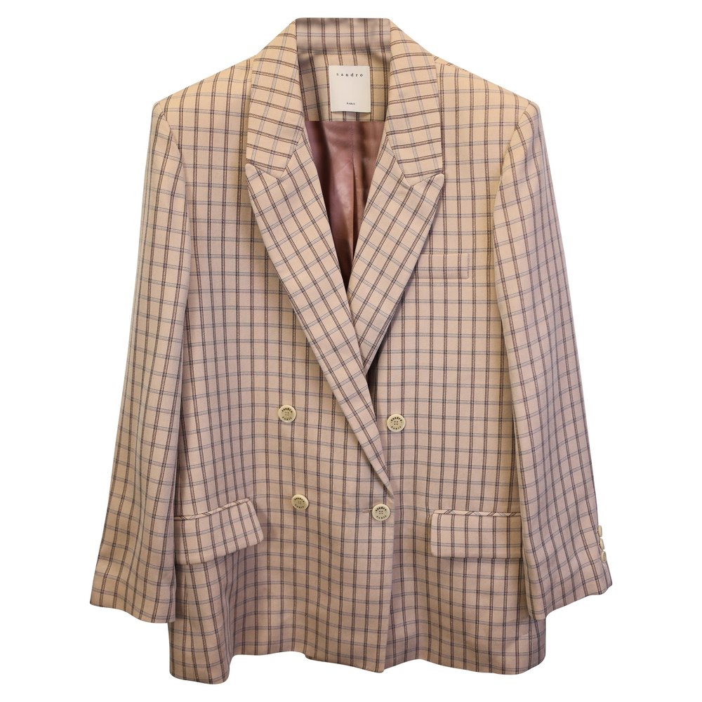 Sandro Paris Danube Double-Breasted Checked Blazer in Beige Wool 7748813684796