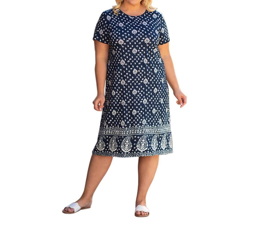 Cotton Short Sleeve U-Neck Penelope Dress – Plus Size In Charleston Blue