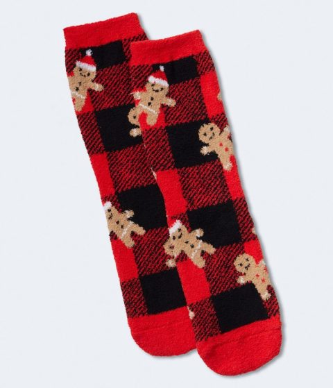 Aeropostale Buffalo Plaid Gingerbread Fuzzy Crew Socks