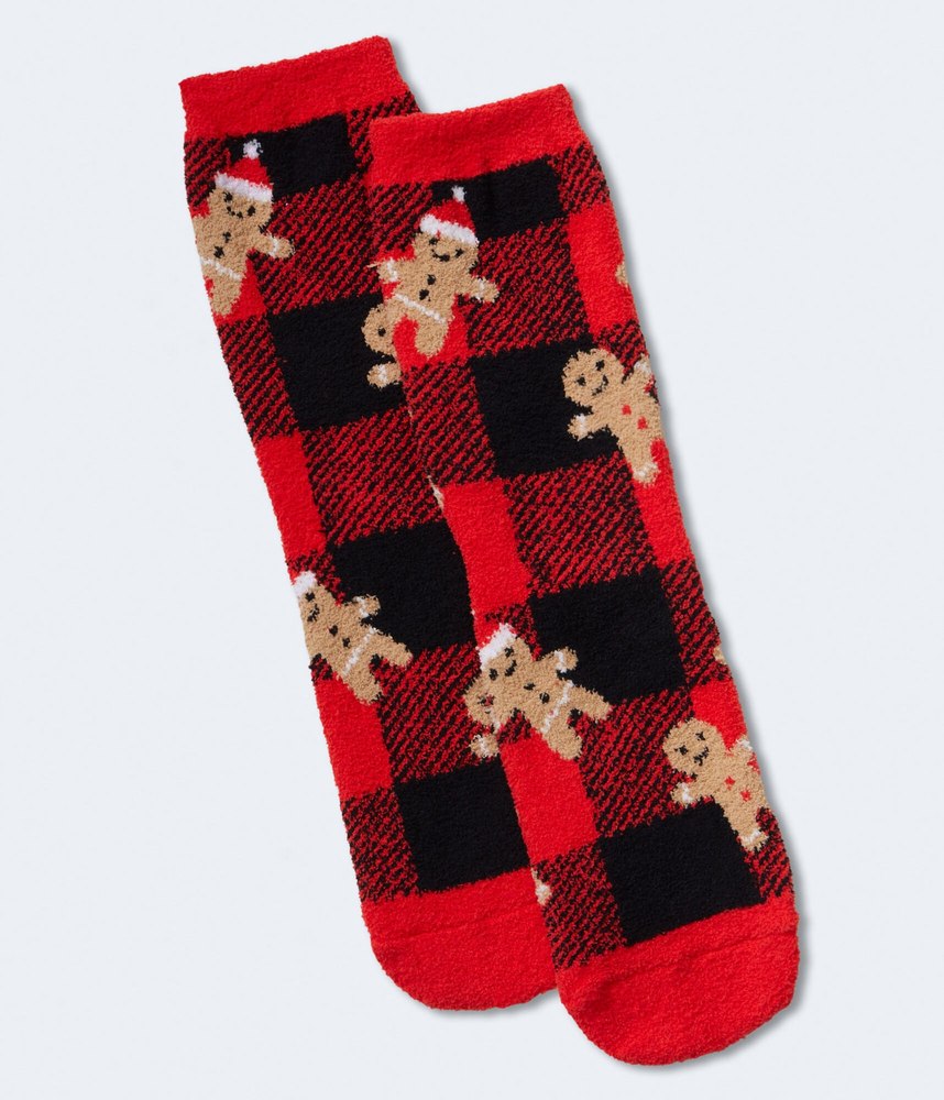 Aeropostale Buffalo Plaid Gingerbread Fuzzy Crew Socks