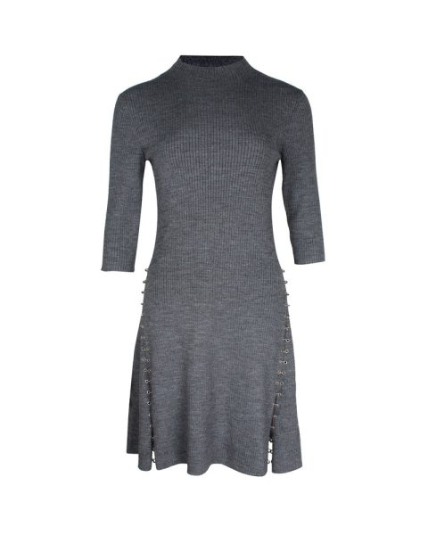 Maje Embellished Ribbed-Knit Mini Dress in Grey Acrylic 7748816633916