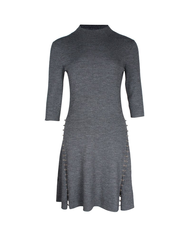 Maje Embellished Ribbed-Knit Mini Dress in Grey Acrylic 7748816633916