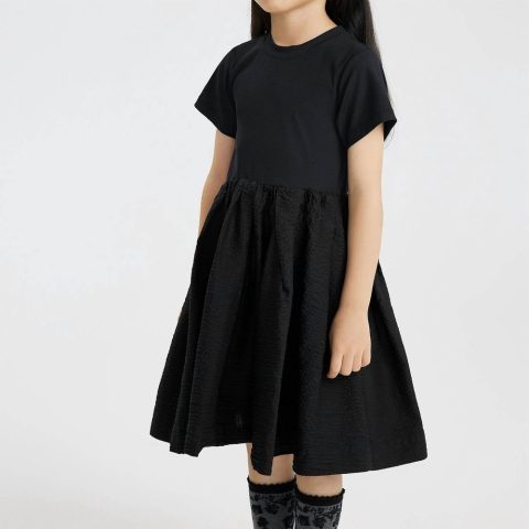 Kids Waisted Blouson Loose Pleat Dress In Coal