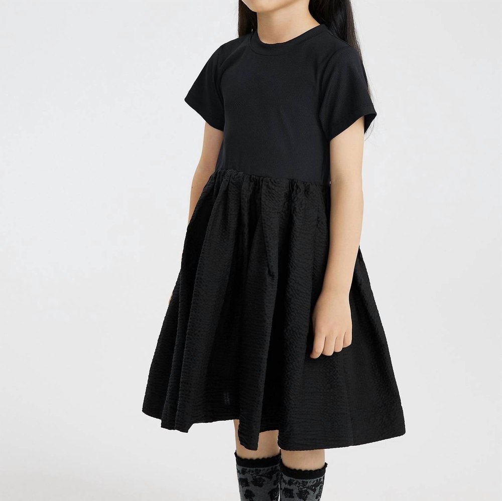 Kids Waisted Blouson Loose Pleat Dress In Coal