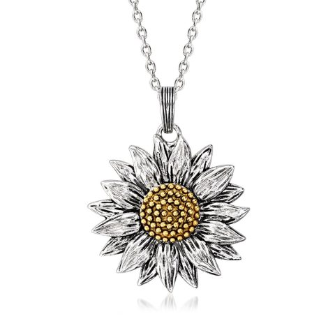 Ross-Simons Sterling Silver and 14kt Yellow Gold Sunflower Pendant Necklace