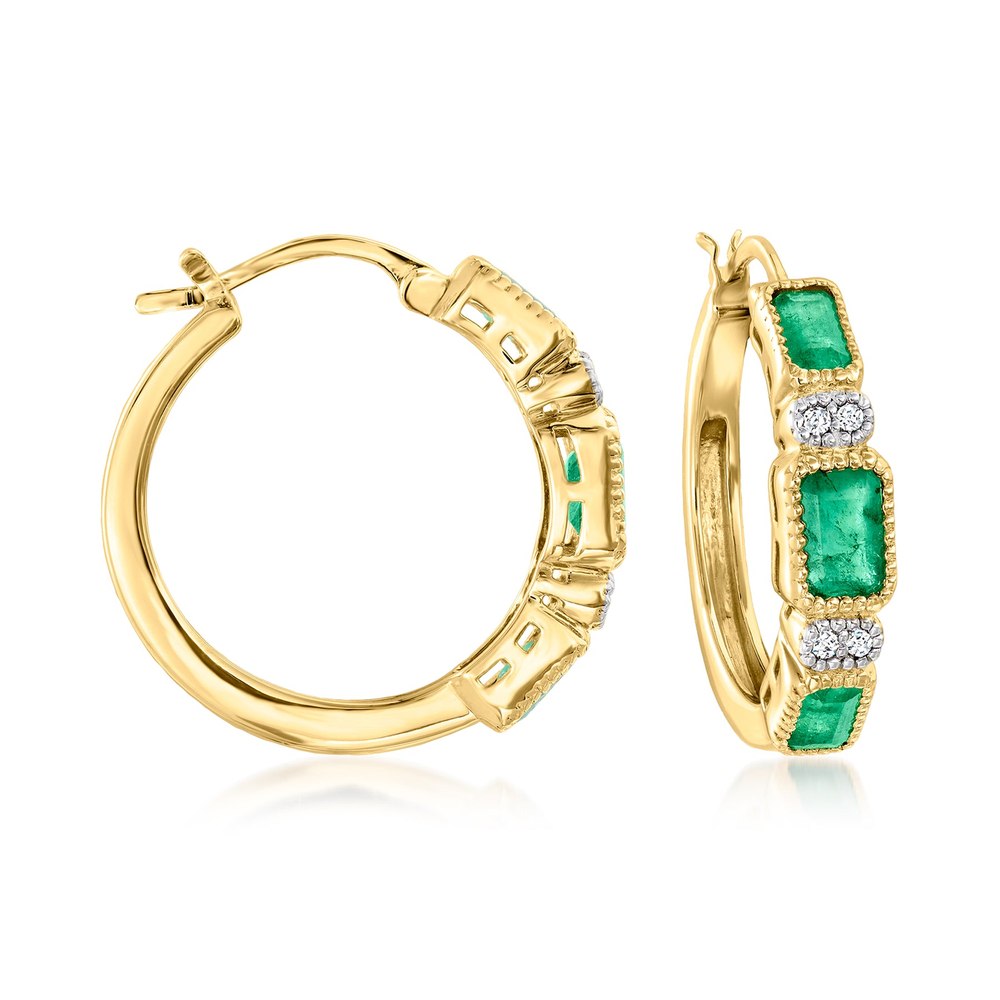 Ross-Simons Emerald and . Diamond Hoop Earrings in 18kt Gold Over Sterling