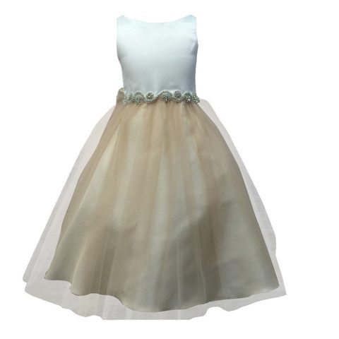 Big Girls Champagne Tulle Rhinestone Junior Bridesmaid Dress 8-16