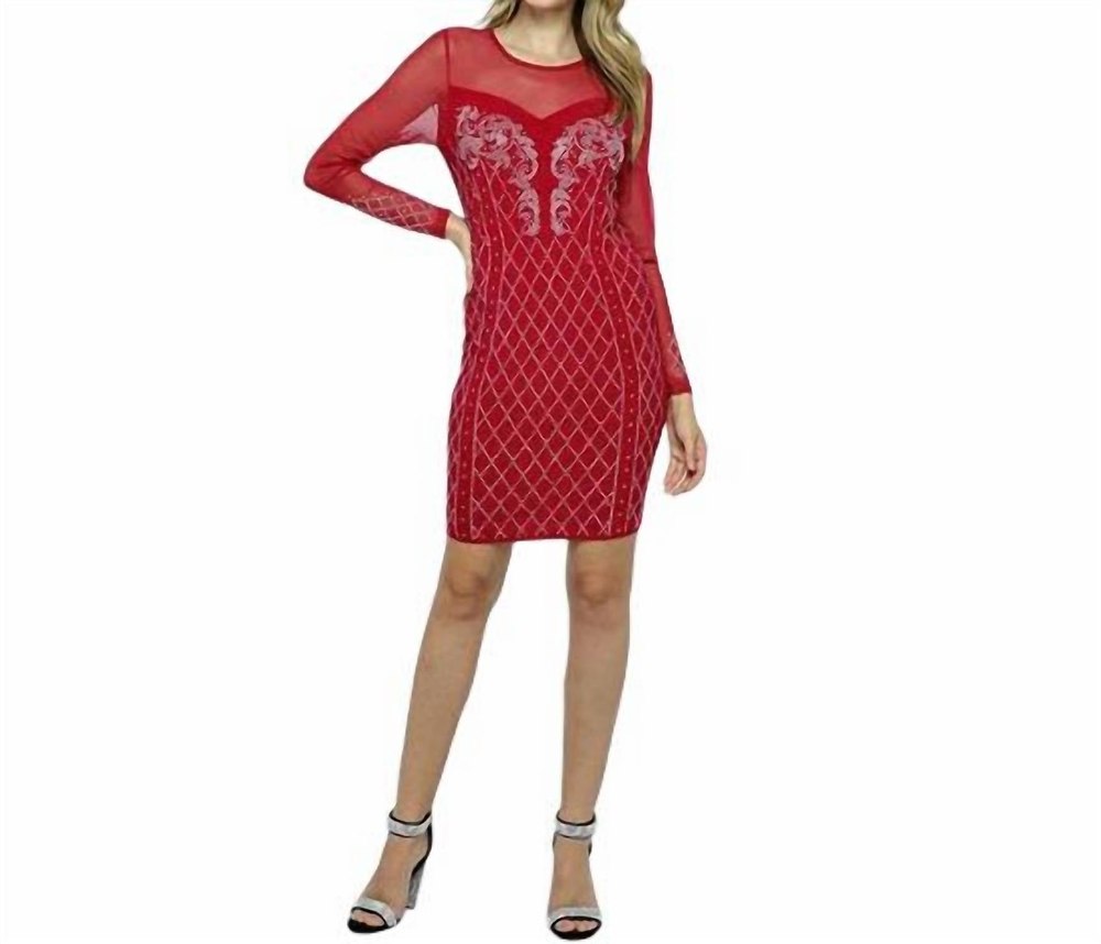 Long Sleeve Dress Embellished With Rhinestones In Red