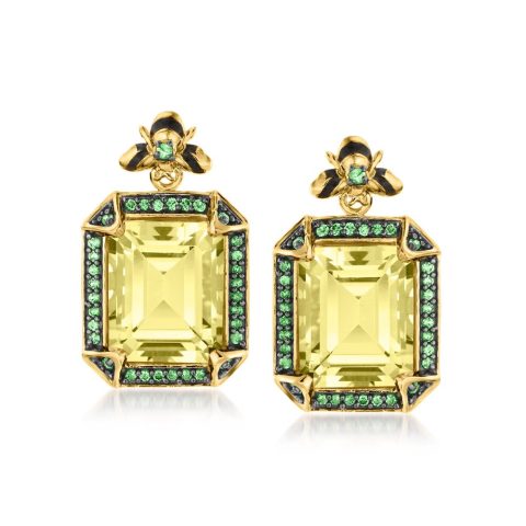 Ross-Simons Lemon Quartz and . Tsavorite Bumblebee Drop Earrings With Black Enamel in 18kt Gold Over Sterling 7748815487036