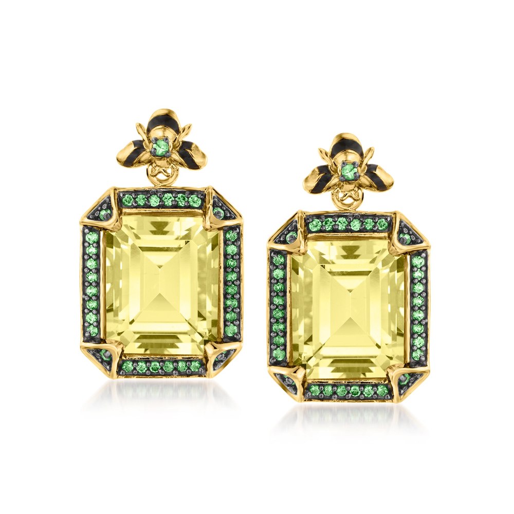 Ross-Simons Lemon Quartz and . Tsavorite Bumblebee Drop Earrings With Black Enamel in 18kt Gold Over Sterling 7748815487036