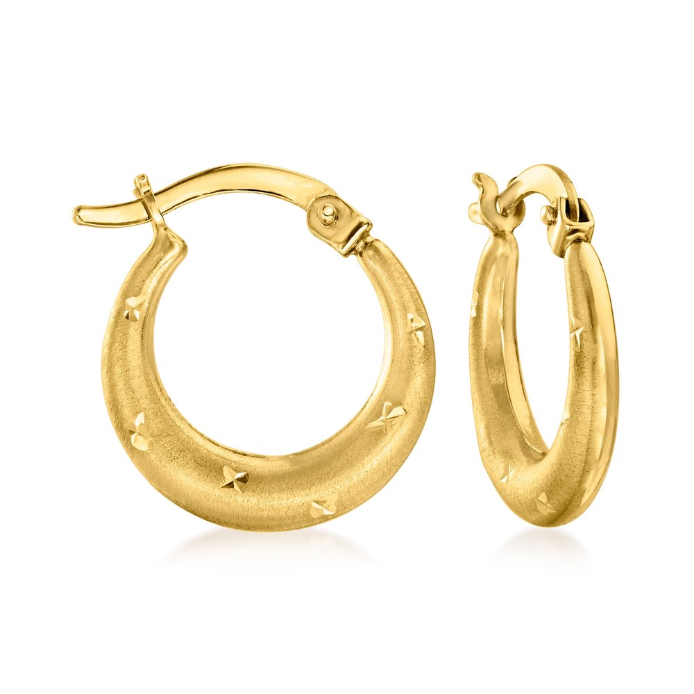 Ross-Simons 14kt Yellow Gold Satin and Polished Star-Pattern Hoop Earrings