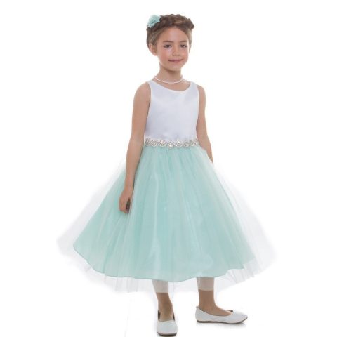 Big Girls Mint Satin Tulle Rhinestone Junior Bridesmaid Dress 8-16