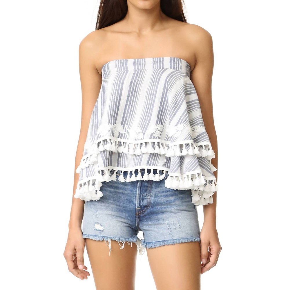 Women’s Amaris Tassel Trim Embroidered Floral Strapless Top In White/blue
