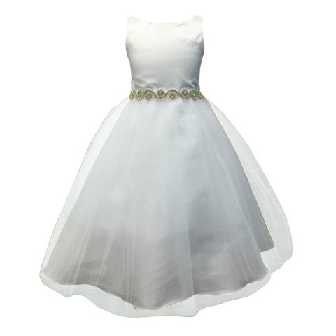 Big Girls White Satin Tulle Rhinestone Junior Bridesmaid Dress 8-16