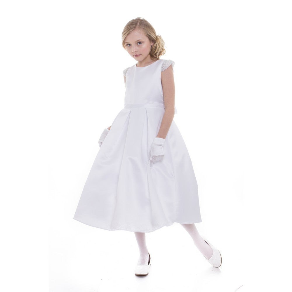 Big Girls White Dull Satin Beaded Junior Bridesmaid Dress 8-16