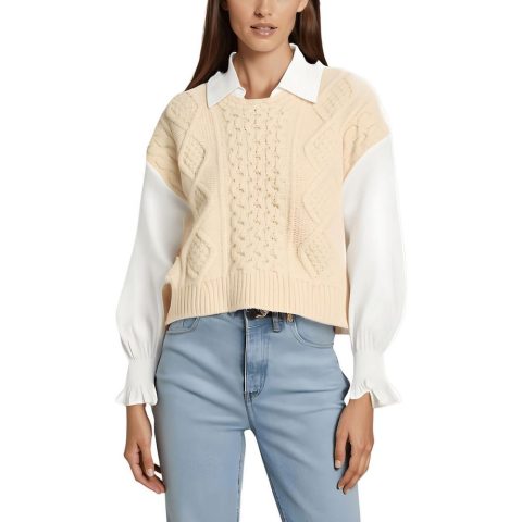 Layered Cable Knit V-Neck Sweater