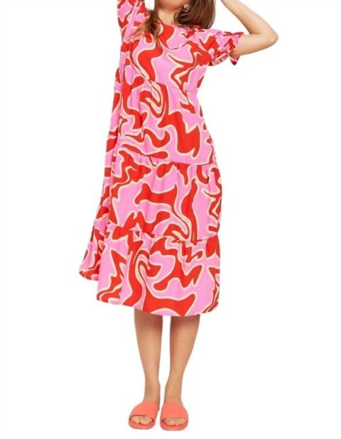 Tiered Short Sleeve A-Line Midi Dress In Fuchsia Combo