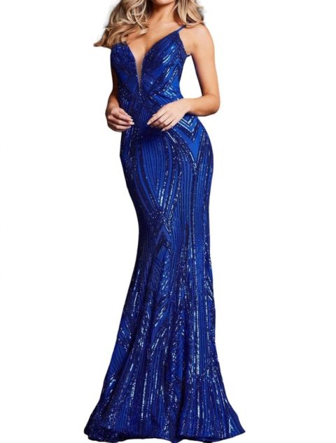 Plunging Neck Embellished Dress In Royal Blue