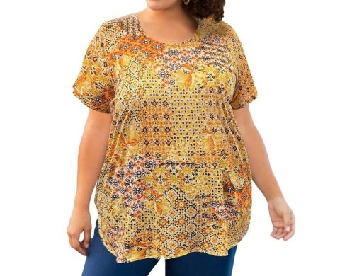 Printed Tyler Flair Short Sleeve Top – Plus Size In Yellow Patchwork