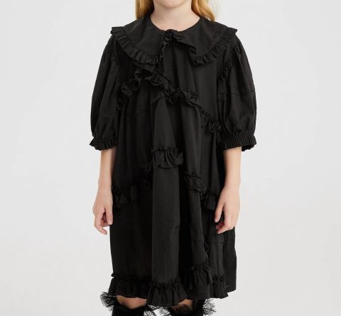 Kids Asymmetric Ruffle Collared Dress In Coal