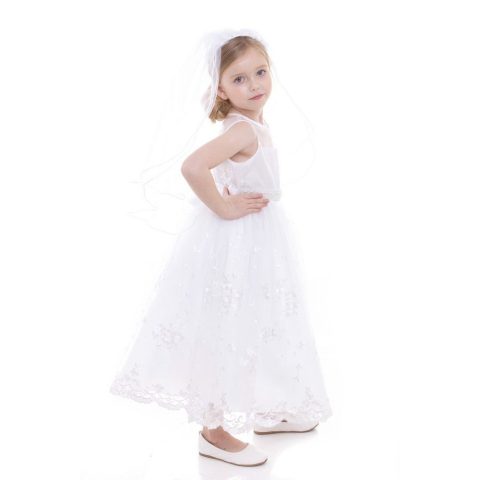 Big Girls White Lace Pearl Belt Junior Bridesmaid Dress 8-16